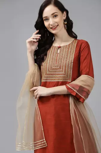 Women Orange Floral Embroidered Regular Chanderi Silk Kurta with Palazzos