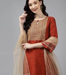 Women Orange Floral Embroidered Regular Chanderi Silk Kurta with Palazzos