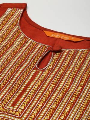 Women Orange Floral Embroidered Regular Chanderi Silk Kurta with Palazzos 3