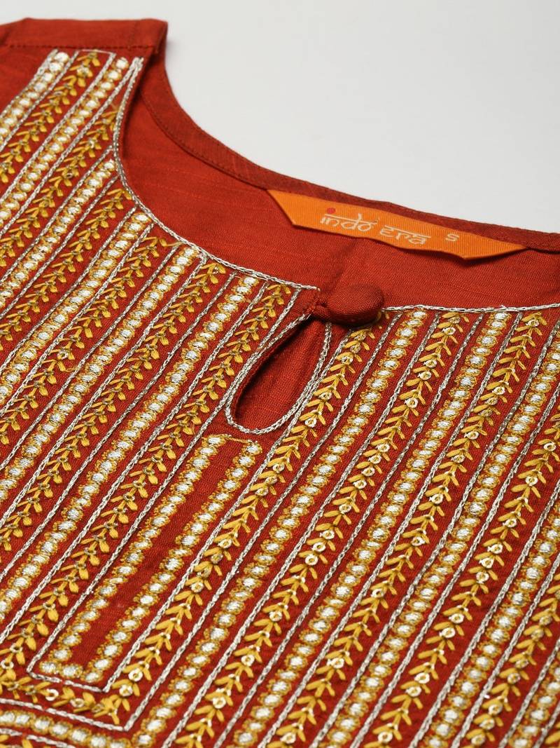 Women Orange Floral Embroidered Regular Chanderi Silk Kurta with Palazzos