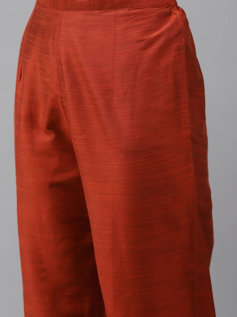 Women Orange Floral Embroidered Regular Chanderi Silk Kurta with Palazzos