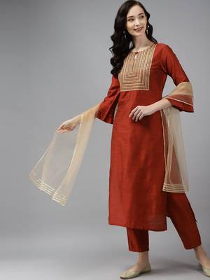 Women Orange Floral Embroidered Regular Chanderi Silk Kurta with Palazzos 1