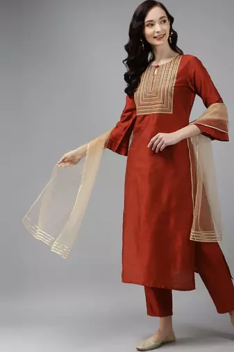 Women Orange Floral Embroidered Regular Chanderi Silk Kurta with Palazzos