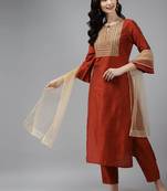Women Orange Floral Embroidered Regular Chanderi Silk Kurta with Palazzos