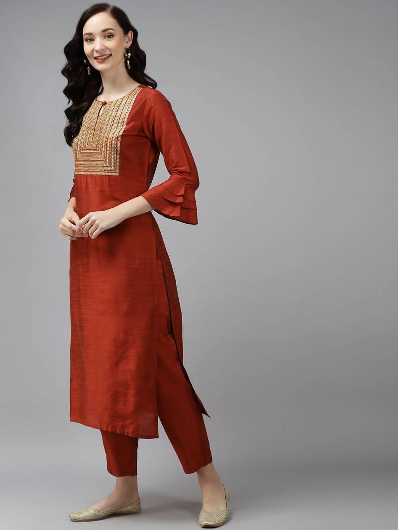 Women Orange Floral Embroidered Regular Chanderi Silk Kurta with Palazzos