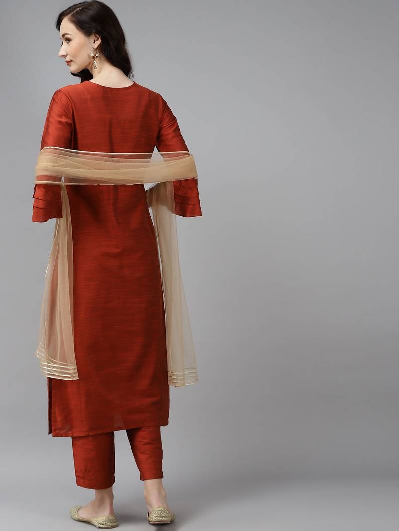 Women Orange Floral Embroidered Regular Chanderi Silk Kurta with Palazzos