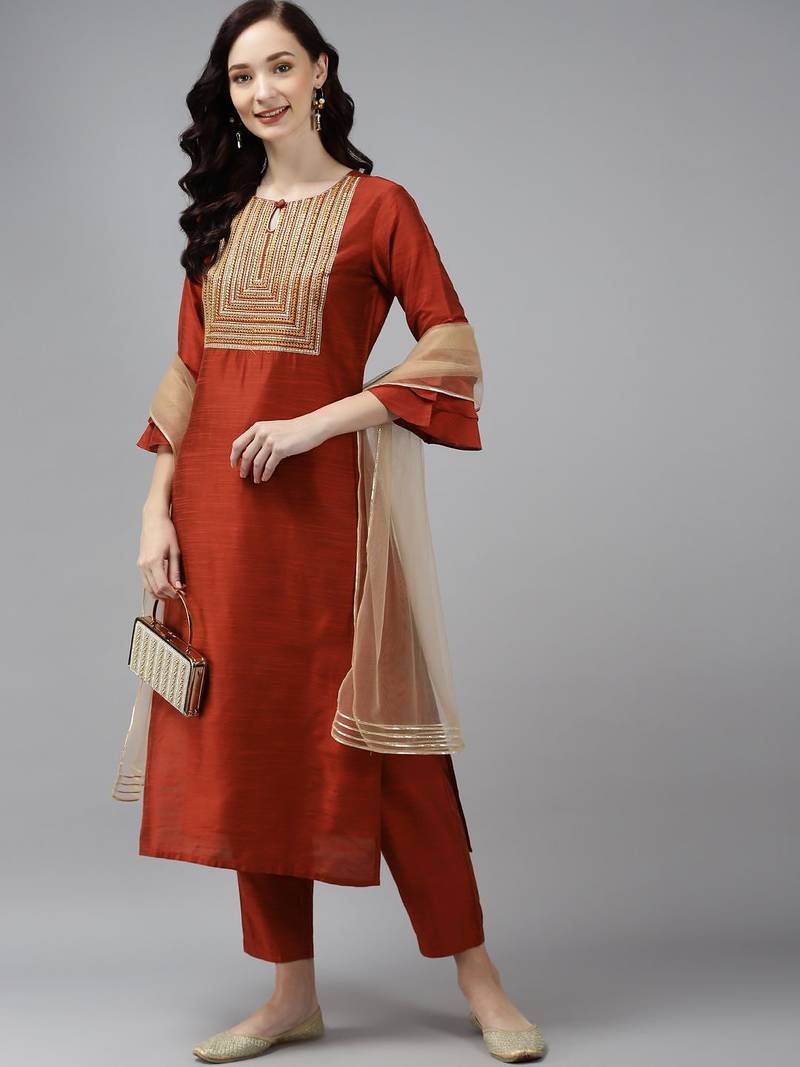 Women Orange Floral Embroidered Regular Chanderi Silk Kurta with Palazzos