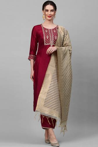 Women Burgundy Yoke Design Kurta with Trousers & With Dupatta