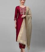 Women Burgundy Yoke Design Kurta with Trousers & With Dupatta