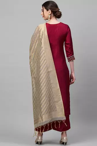 Women Burgundy Yoke Design Kurta with Trousers & With Dupatta