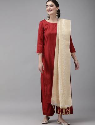 Women Maroon & Beige Striped Sequinned Kurta with Palazzos & Dupatta 1