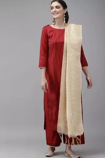 Women Maroon & Beige Striped Sequinned Kurta with Palazzos & Dupatta