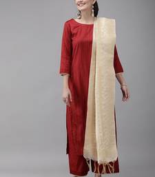 Women Maroon & Beige Striped Sequinned Kurta with Palazzos & Dupatta