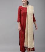 Women Maroon & Beige Striped Sequinned Kurta with Palazzos & Dupatta