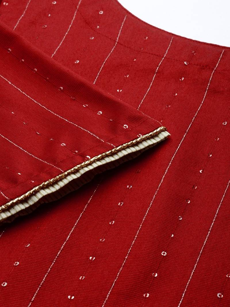 Women Maroon & Beige Striped Sequinned Kurta with Palazzos & Dupatta