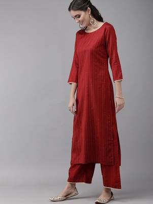 Women Maroon & Beige Striped Sequinned Kurta with Palazzos & Dupatta 5