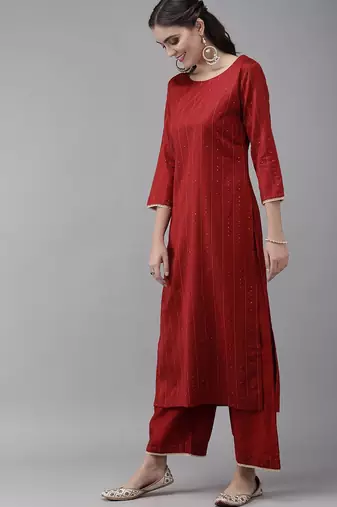 Women Maroon & Beige Striped Sequinned Kurta with Palazzos & Dupatta