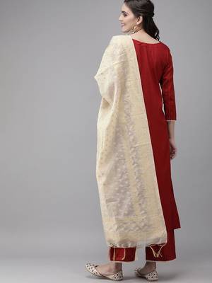 Women Maroon & Beige Striped Sequinned Kurta with Palazzos & Dupatta 6