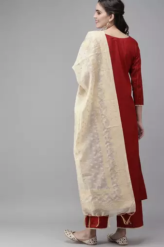 Women Maroon & Beige Striped Sequinned Kurta with Palazzos & Dupatta
