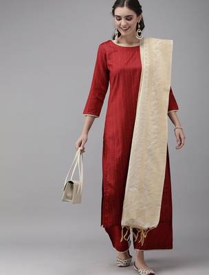 Women Maroon & Beige Striped Sequinned Kurta with Palazzos & Dupatta 7