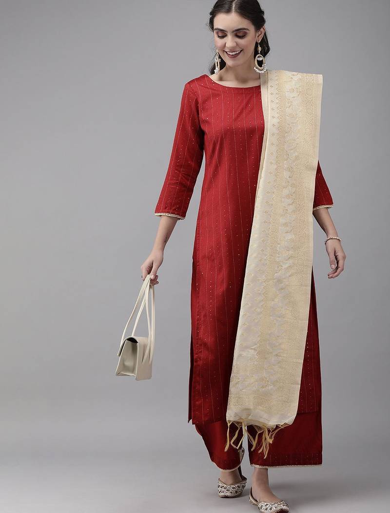Women Maroon & Beige Striped Sequinned Kurta with Palazzos & Dupatta