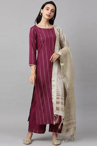 Women Magenta & Beige Striped Kurta with Palazzos & Dupatta