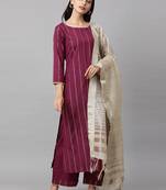 Women Magenta & Beige Striped Kurta with Palazzos & Dupatta