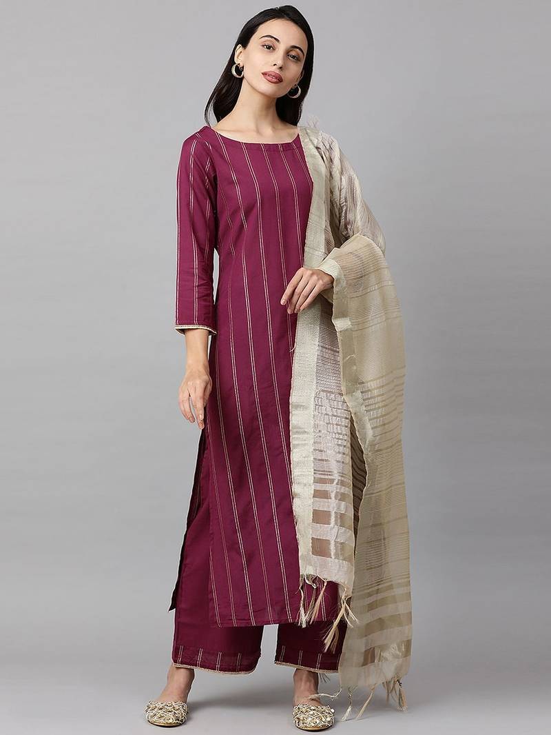 Women Magenta & Beige Striped Kurta with Palazzos & Dupatta