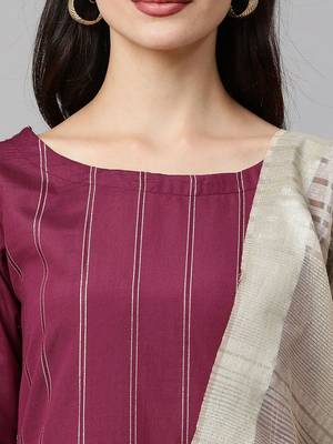 Women Magenta & Beige Striped Kurta with Palazzos & Dupatta 2