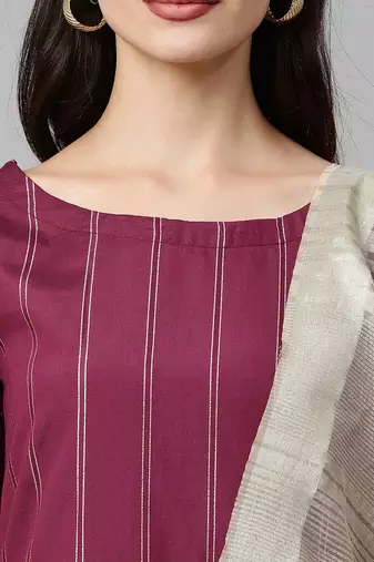 Women Magenta & Beige Striped Kurta with Palazzos & Dupatta
