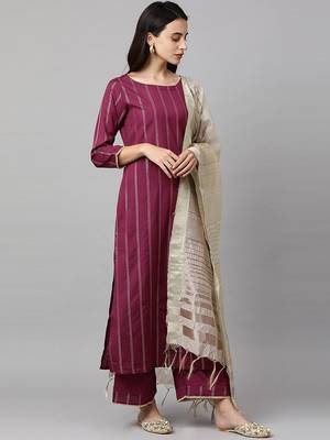 Women Magenta & Beige Striped Kurta with Palazzos & Dupatta 5