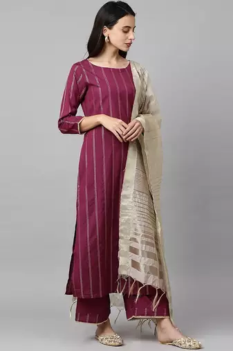 Women Magenta & Beige Striped Kurta with Palazzos & Dupatta
