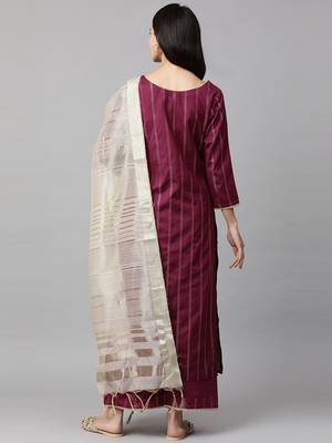 Women Magenta & Beige Striped Kurta with Palazzos & Dupatta 6