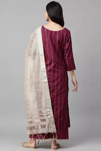 Women Magenta & Beige Striped Kurta with Palazzos & Dupatta