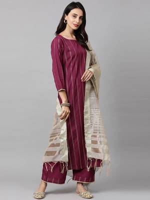 Women Magenta & Beige Striped Kurta with Palazzos & Dupatta 7