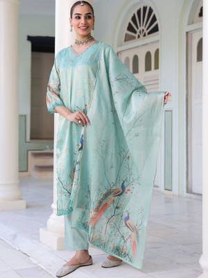 Sky Blue Ethnic Motifs Printed Zari Chanderi Cotton Kurta With Trousers & Dupatta Set 1