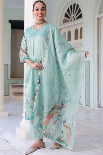 Sky Blue Ethnic Motifs Printed Zari Chanderi Cotton Kurta With Trousers & Dupatta Set