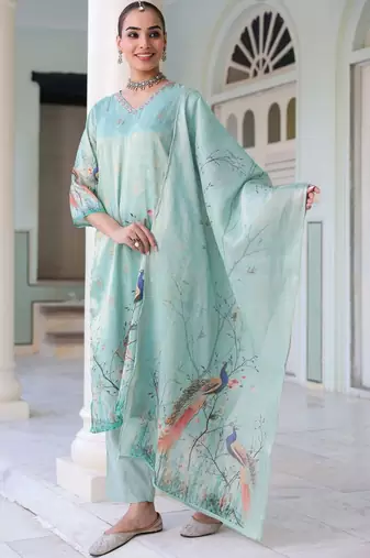 Sky Blue Ethnic Motifs Printed Zari Chanderi Cotton Kurta With Trousers & Dupatta Set