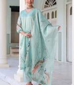 Sky Blue Ethnic Motifs Printed Zari Chanderi Cotton Kurta With Trousers & Dupatta Set