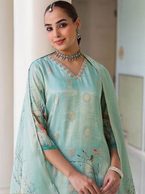 Sky Blue Ethnic Motifs Printed Zari Chanderi Cotton Kurta With Trousers & Dupatta Set 2