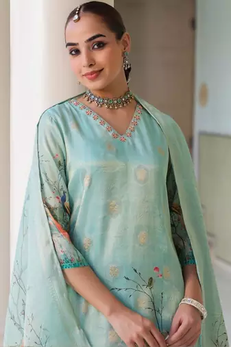 Sky Blue Ethnic Motifs Printed Zari Chanderi Cotton Kurta With Trousers & Dupatta Set
