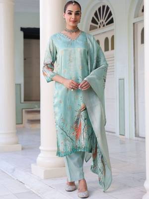 Sky Blue Ethnic Motifs Printed Zari Chanderi Cotton Kurta With Trousers & Dupatta Set 3