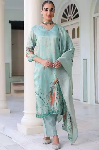 Sky Blue Ethnic Motifs Printed Zari Chanderi Cotton Kurta With Trousers & Dupatta Set