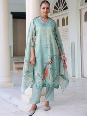 Sky Blue Ethnic Motifs Printed Zari Chanderi Cotton Kurta With Trousers & Dupatta Set 4