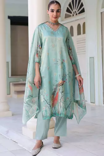 Sky Blue Ethnic Motifs Printed Zari Chanderi Cotton Kurta With Trousers & Dupatta Set