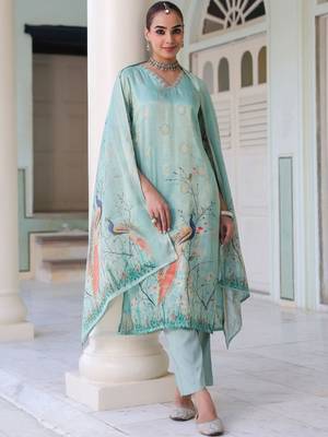 Sky Blue Ethnic Motifs Printed Zari Chanderi Cotton Kurta With Trousers & Dupatta Set 5