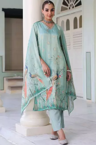Sky Blue Ethnic Motifs Printed Zari Chanderi Cotton Kurta With Trousers & Dupatta Set