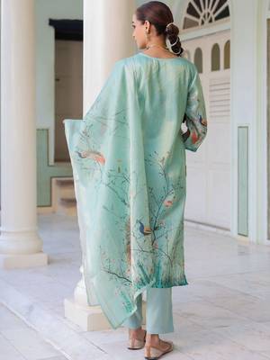 Sky Blue Ethnic Motifs Printed Zari Chanderi Cotton Kurta With Trousers & Dupatta Set 6