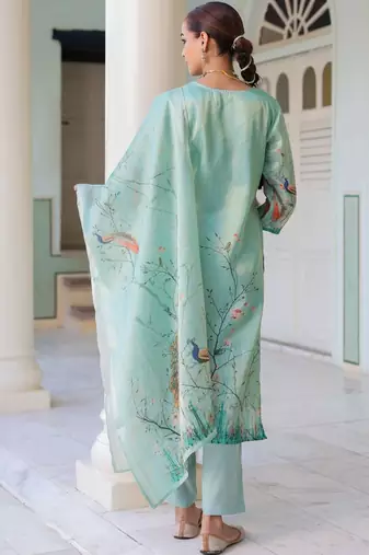 Sky Blue Ethnic Motifs Printed Zari Chanderi Cotton Kurta With Trousers & Dupatta Set