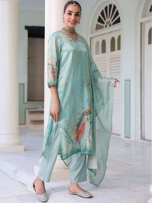 Sky Blue Ethnic Motifs Printed Zari Chanderi Cotton Kurta With Trousers & Dupatta Set 7